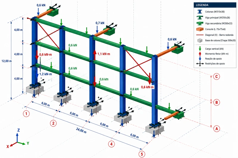 Modelo estrutural isométrico de estrutura metálica